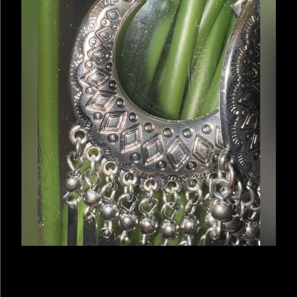 Chico's Silver Tone Crescent Dangle Earrings - Boho Chic Fringe